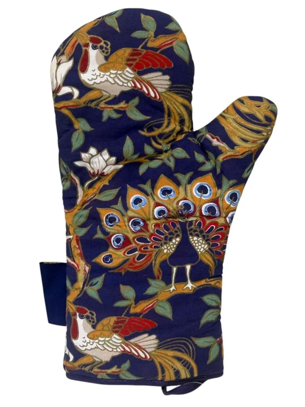 HARRODS OF LONDON Oven Mitt Navy Blue Peacock Bird Floral Quilted Cotton Vintage